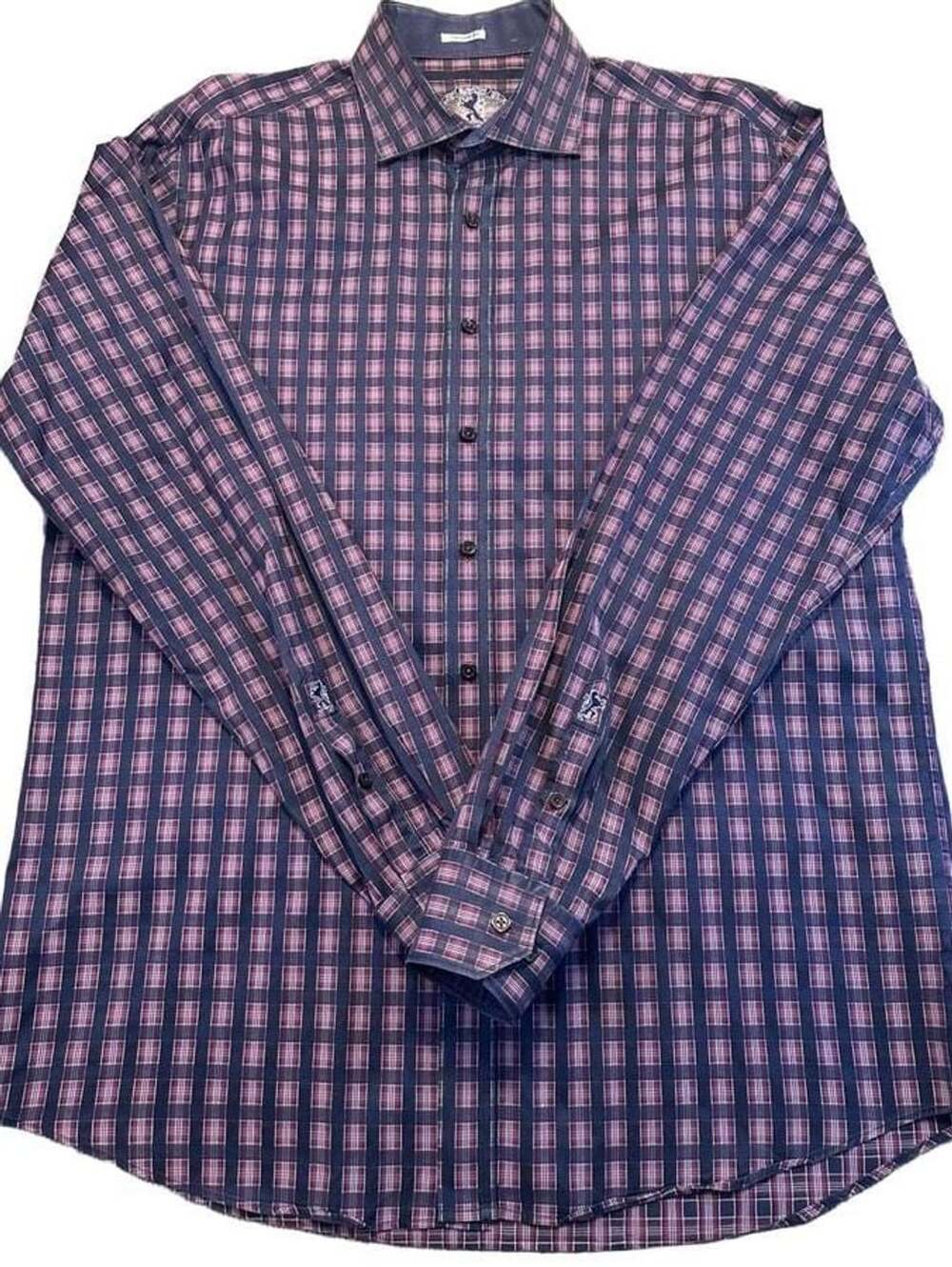 Bugatchi Dress Shirt Shaped Fit Red Navy White Plaid Long Sleeve Office Luxury